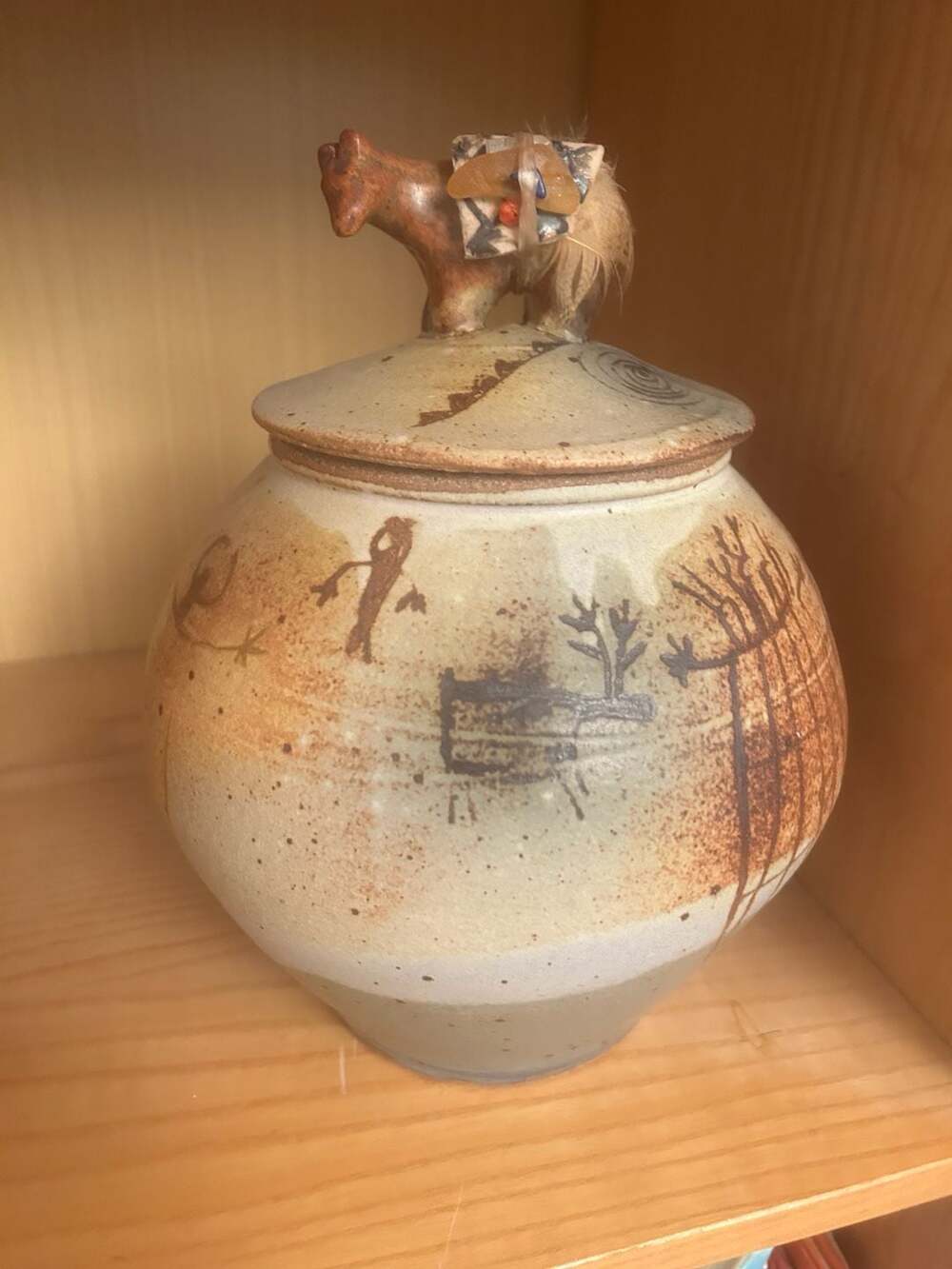 Handmade Studio Pottery Lidded Jar With Animal Finial and Petroglyphs